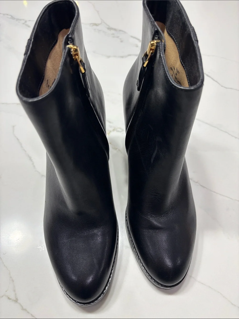 Ralph Lauren Black Leather Wedge Booties with Gold Logo